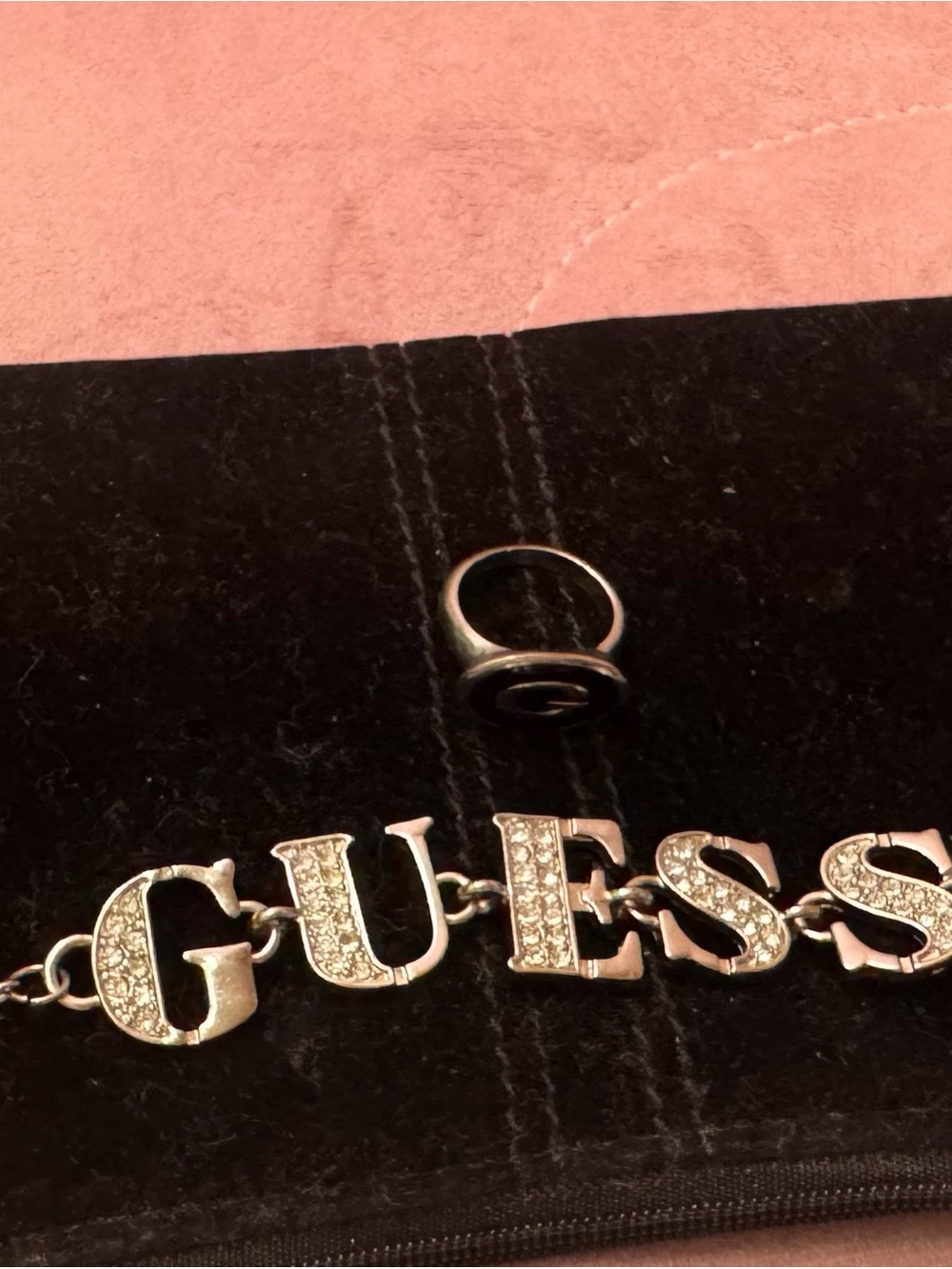 GUESS Pink and Black Crystal Logo Wristlet Clutch